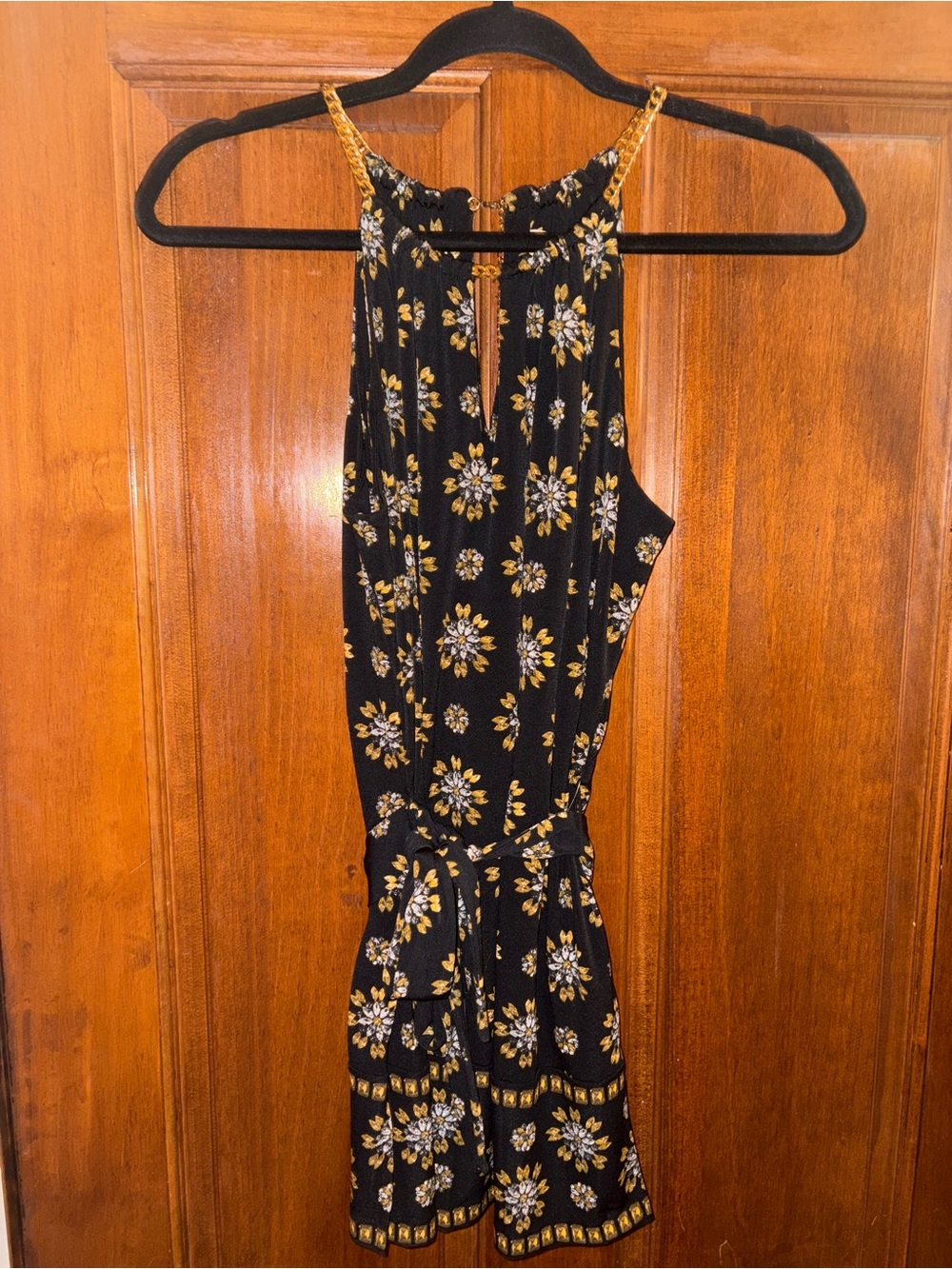 Michael Kors Black Floral Halter Top with Gold Chain Straps